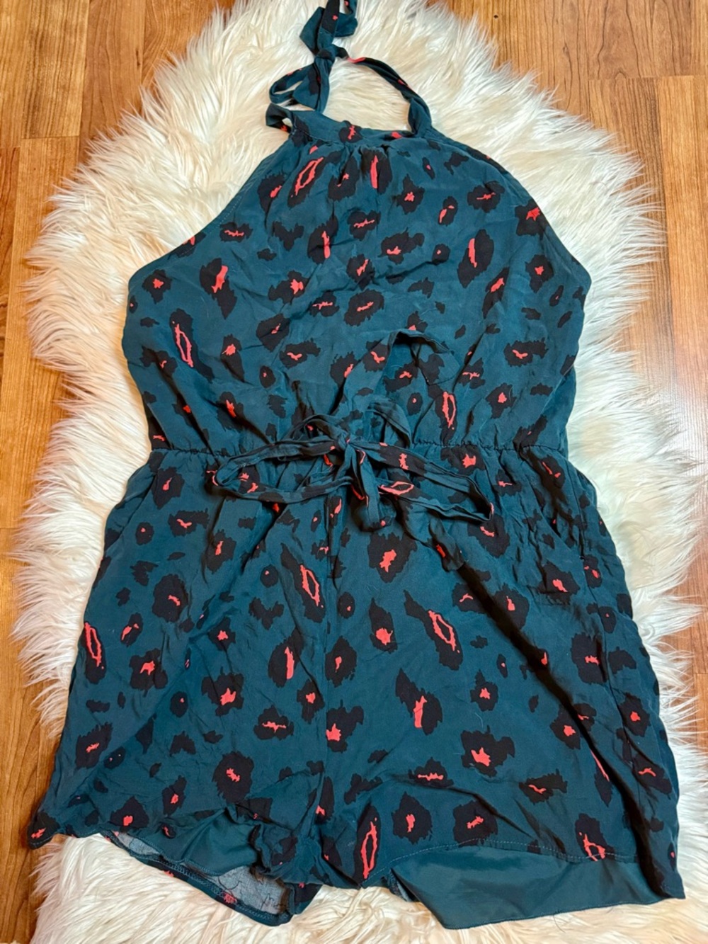 Halter Neck Printed Romper in Teal with Coral Accents
